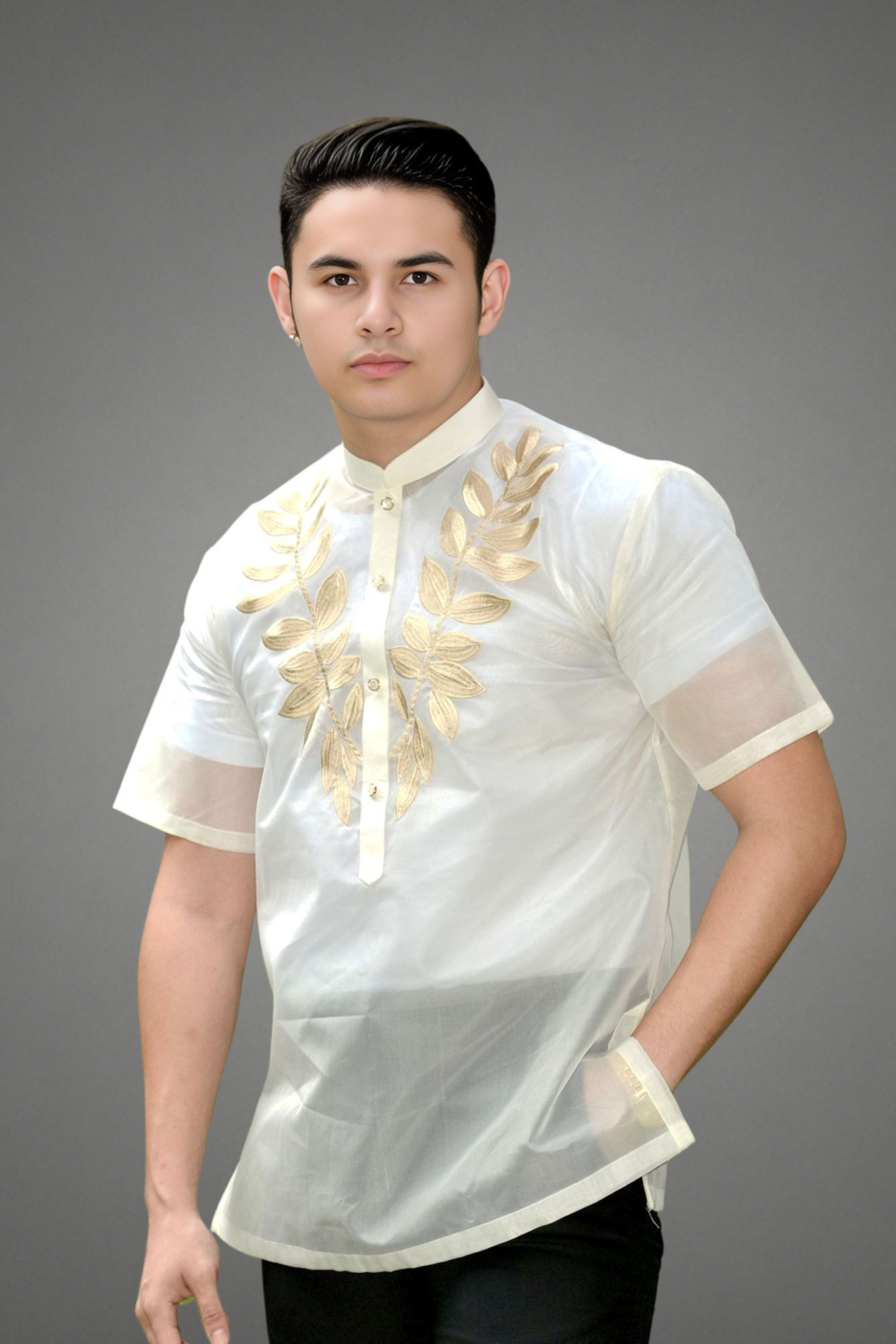 Premium Jusi With Golden Embroidery Short Sleeved Barong Tagalog
