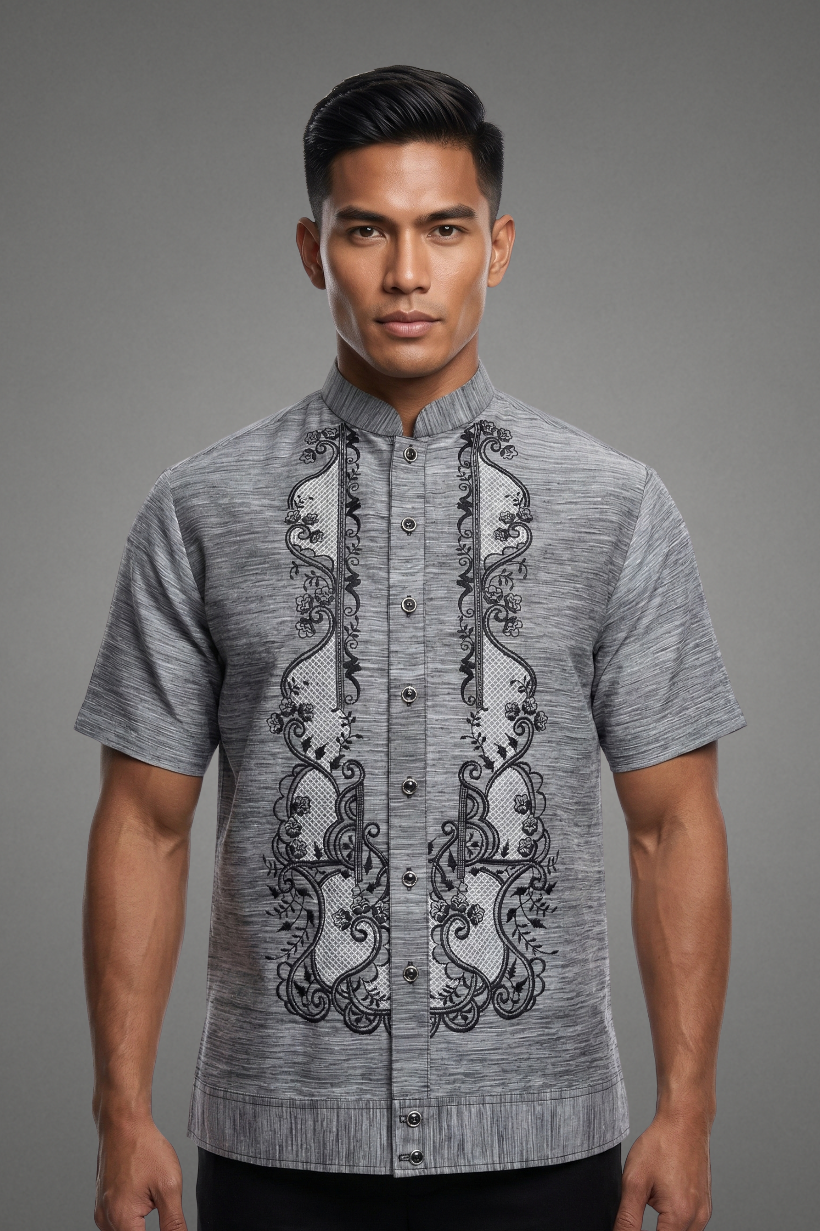 modern barong dress Premium Pina Jusilyn Charcoal Gray Short Sleeved Barong Tagalog Benito