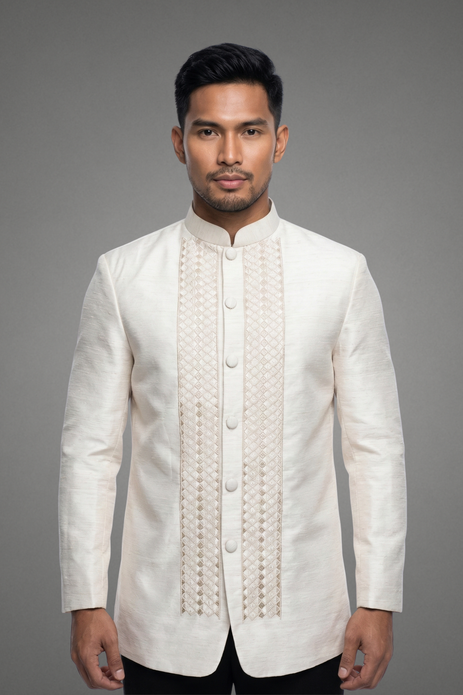 Premium Piña Jusilyn with Light Beige Embroidery Barong Tagalog Coat Baltazar - JJ106