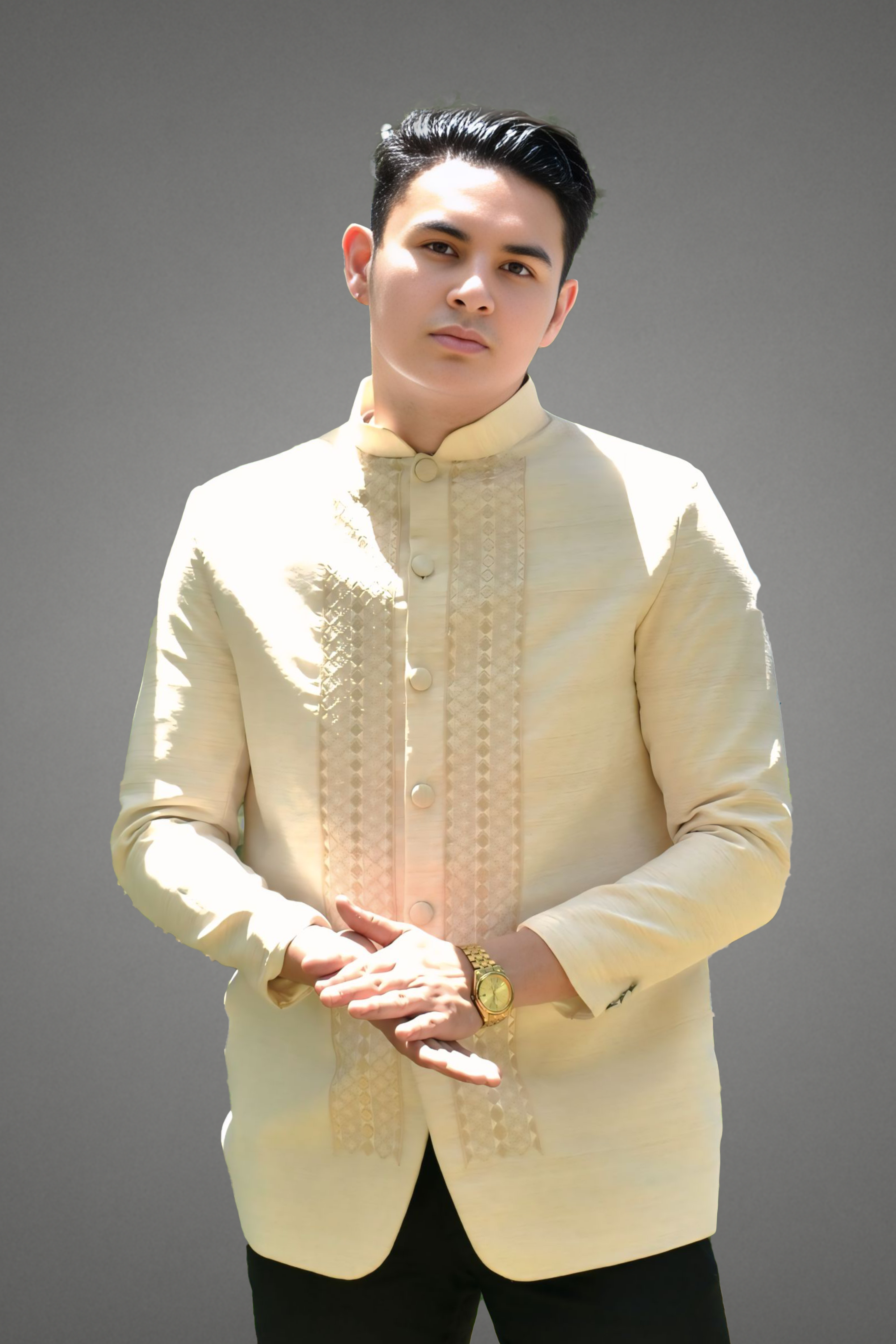 Premium Piña Jusilyn with Light Beige Embroidery Barong Tagalog Coat Baltazar - JJ106