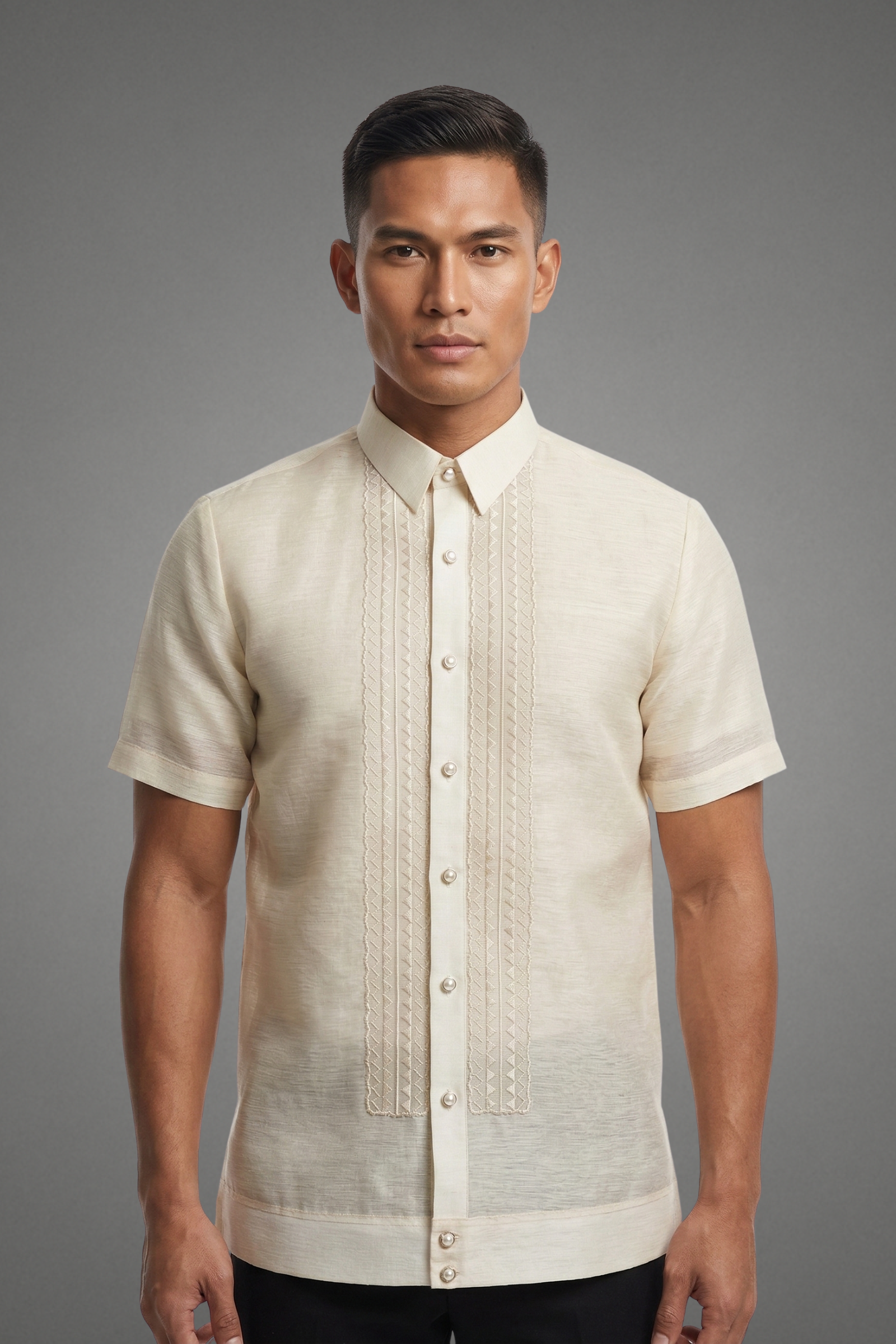 Premium Pina Jusilyn with Light Beige Embroidery Short Sleeved Barong Tagalog Joaquin-JJ101