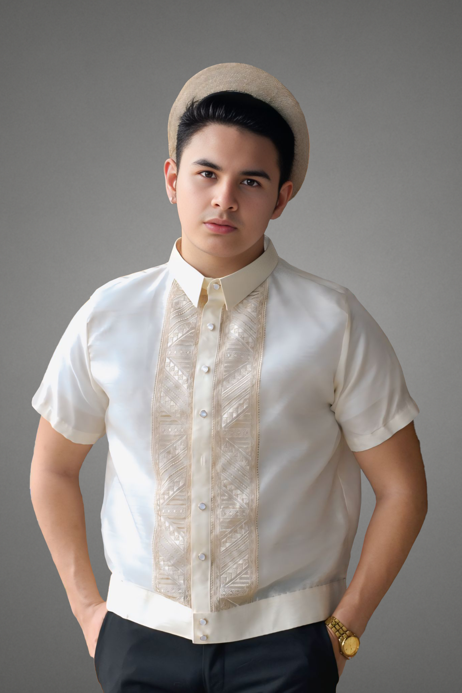 Premium Organza with Linear Panel Embroidery Short Sleeved Barong Tagalog Conrado-JJ102