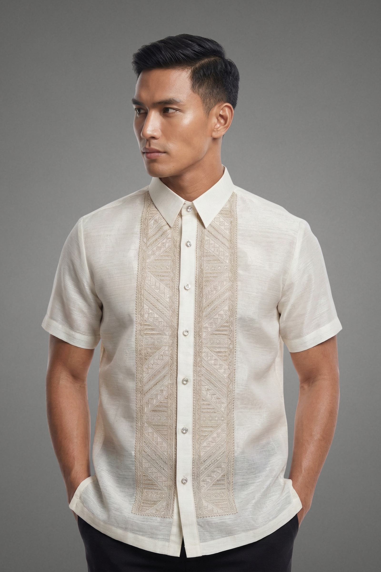 Premium Organza with Linear Panel Embroidery Short Sleeved Barong Tagalog Conrado-JJ102, Small Premium Organza with Linear Panel Embroidery Short Sleeved Barong Tagalog Conrado-JJ102, Small
