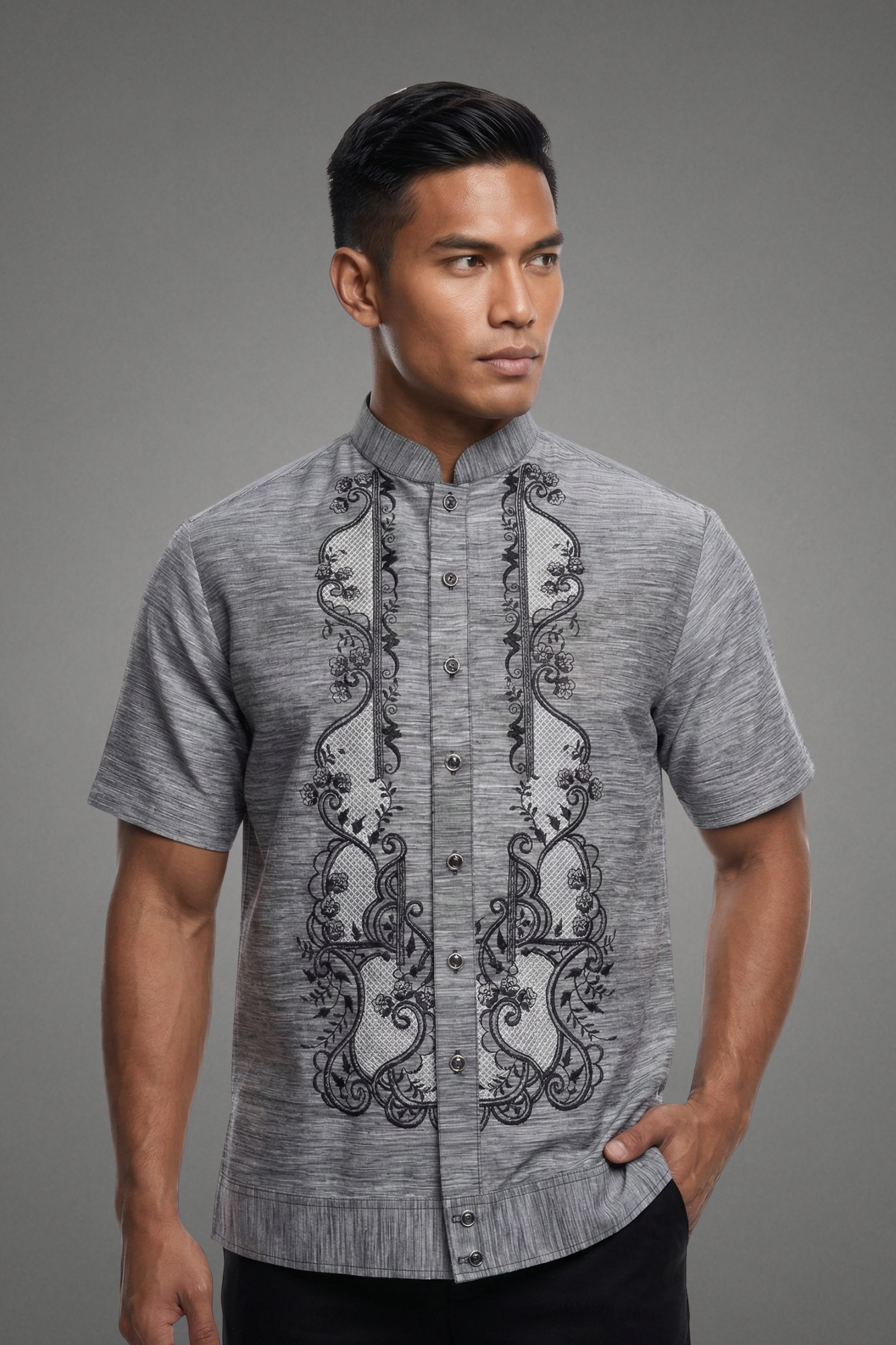 Premium Pina Jusilyn Charcoal Gray Short Sleeved Barong Tagalog Benito Premium Pina Jusilyn Charcoal Gray Short Sleeved Barong Tagalog Benito